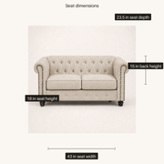 Dimensions | Seat width, depth, height, and back height diagram for the loveseat