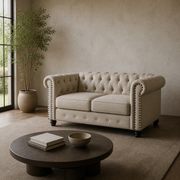 Room | Beige linen blend Chesterfield loveseat in a warm stone living room with bright left-side daylight