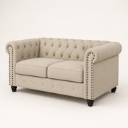 Studio | Front-right three-quarter view of the beige linen blend loveseat with two cushions, tufted back, and bronze nailhead trim