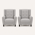 Front | two light gray linen-blend armchairs with button-tufted backs and dark tapered legs