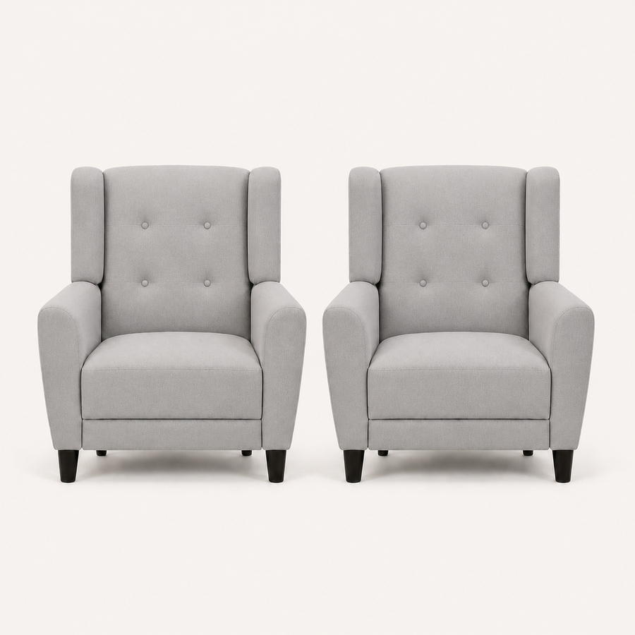 Front | two light gray linen-blend armchairs with button-tufted backs and dark tapered legs