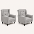 Studio angle | two light gray armchairs from a 50-degree view showing square arms and side rails