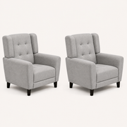 Studio angle | two light gray armchairs from a 50-degree view showing square arms and side rails