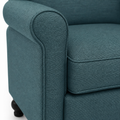 Rolled arm detail | Close view of the Caribbean Blue rolled arm, piping, and seat cushion seam