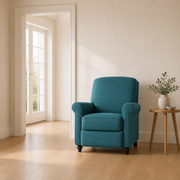 In scale | Caribbean Blue recliner beside an uncropped floor-to-ceiling doorway for size reference