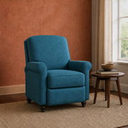Room two | Upright Caribbean Blue manual recliner in a terracotta living room with walnut floor and side table