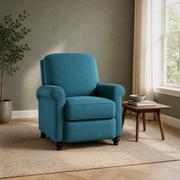 Room three | Upright Caribbean Blue manual recliner in a sage-green room with herringbone floor and side table