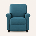 Studio front | Straight-on view of the Caribbean Blue recliner with rolled arms, plain back, and dark turned feet