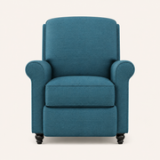 Studio front | Straight-on view of the Caribbean Blue recliner with rolled arms, plain back, and dark turned feet