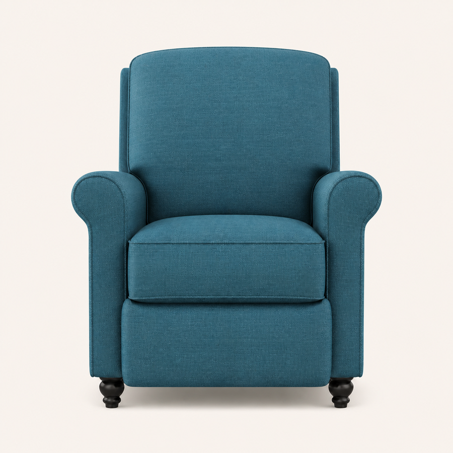 Studio front | Straight-on view of the Caribbean Blue recliner with rolled arms, plain back, and dark turned feet
