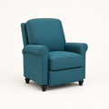 Studio three-quarter | Front-right studio view showing the recliner side panel, rolled arm, seat cushion, and turned feet