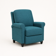 Studio three-quarter | Front-right studio view showing the recliner side panel, rolled arm, seat cushion, and turned feet