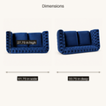 Dimensions | Diagram of the navy-blue tufted loveseat showing 61.75 inch width, 33.75 inch depth, and 27.75 inch overall height