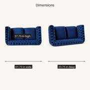 Dimensions | Diagram of the navy-blue tufted loveseat showing 61.75 inch width, 33.75 inch depth, and 27.75 inch overall height
