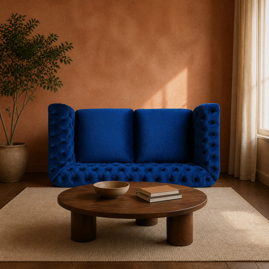 Room | Navy-blue velvet button-tufted rolled-arm loveseat in a clay terracotta living room with a dark walnut coffee table