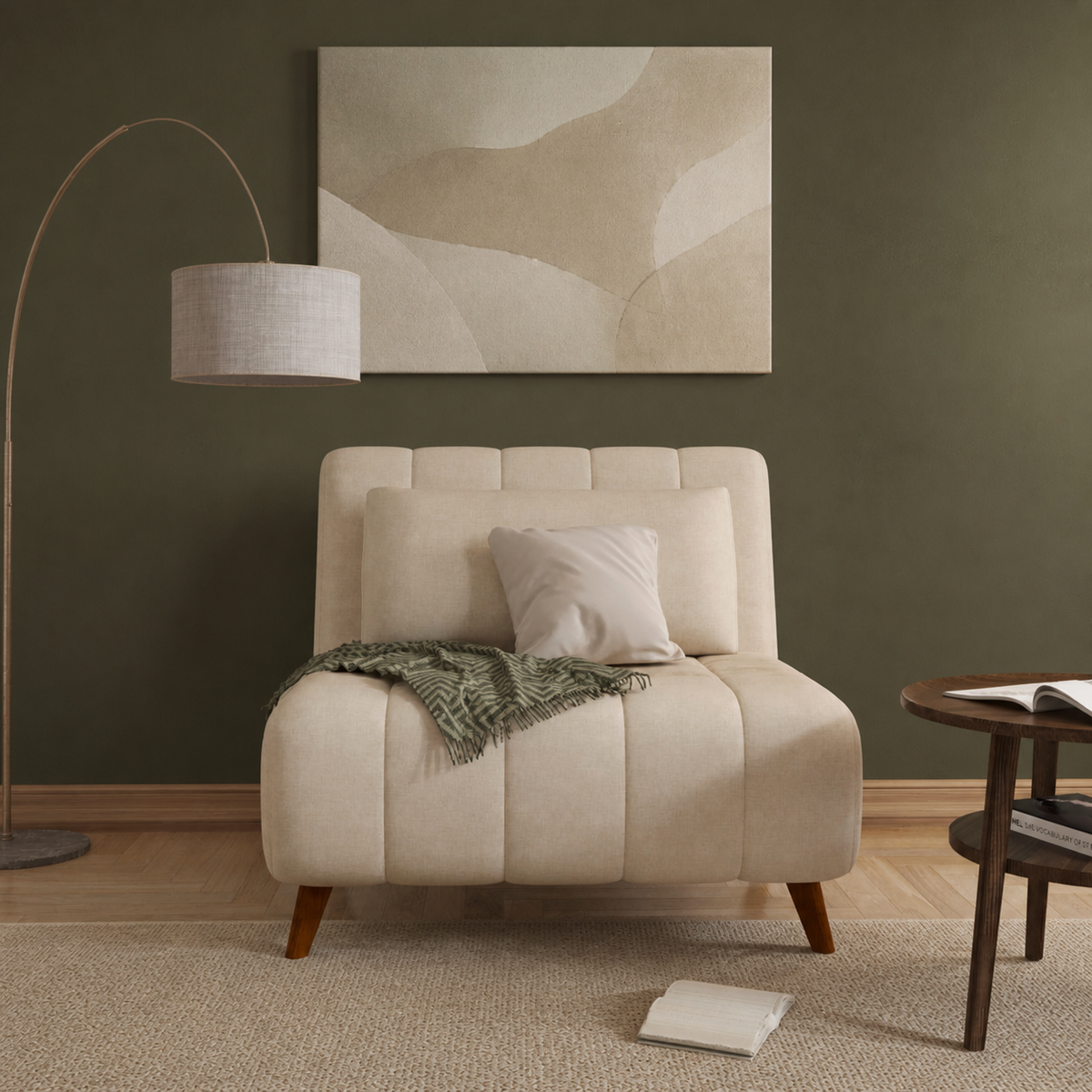 Tessmar Morskranes Pillow Back Convertible Chair in a restyled supplier room | Pipeline B room-shell edit 1