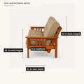 Dimensions | Side profile labeled 22-inch seat height, 21-inch seat depth, 26-inch back height and 8-inch mattress