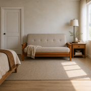 Scale | Full 79-inch futon beside an uncropped standard interior doorway in a bright apartment alcove