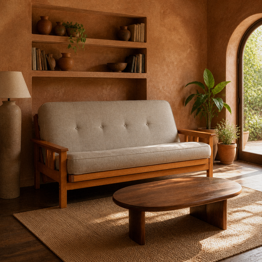 Room | Linen stone futon in a terracotta garden room with an arched door, plants, built-in shelves and an oval walnut table