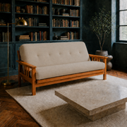 Room | Linen stone futon in a deep blue-green library with herringbone floor, bookshelves, brass lamp and cream rug