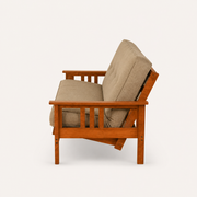 Side | Right-side studio profile showing the mattress fold, back slope, three-slat arm, support frame and square legs