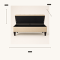 Storage dimensions | Open beige storage bench with black-lined compartment and 53.5 by 16.5 by 7.5 inch storage callouts