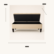 Storage dimensions | Open beige storage bench with black-lined compartment and 53.5 by 16.5 by 7.5 inch storage callouts