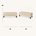 Overall dimensions | Beige storage bench in front and three-quarter views with 56 inch width, 19 inch height, and 19 inch depth callouts