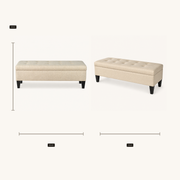 Overall dimensions | Beige storage bench in front and three-quarter views with 56 inch width, 19 inch height, and 19 inch depth callouts
