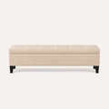 Studio side | Beige storage bench profile with smooth side panel and dark espresso legs