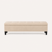 Studio side | Beige storage bench profile with smooth side panel and dark espresso legs