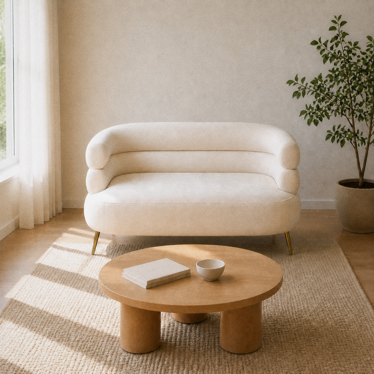 In a room | cream-beige velvet loveseat in a warm white living room with a pale oak table and plant