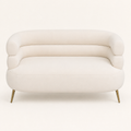 Front | front studio view of a cream-beige velvet loveseat with two stacked back rolls and gold legs