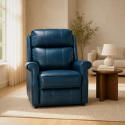 Room 1 | Navy blue faux leather power lift recliner in a warm cream living room
