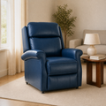 Room 1 angle | Three-quarter view of the navy blue power lift recliner in a warm cream living room