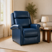 Room 1 angle | Three-quarter view of the navy blue power lift recliner in a warm cream living room