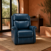 Room 2 | Navy blue faux leather power lift recliner in a terracotta garden room