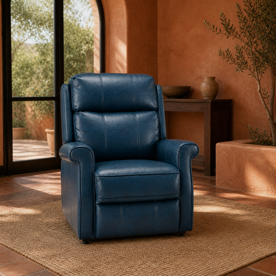 Room 2 | Navy blue faux leather power lift recliner in a terracotta garden room