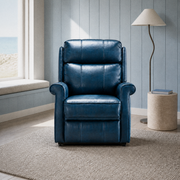 Room 3 | Navy blue faux leather power lift recliner in a cool coastal room