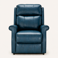 Front | Navy blue faux leather power lift recliner on an off-white studio ground