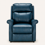 Front | Navy blue faux leather power lift recliner on an off-white studio ground