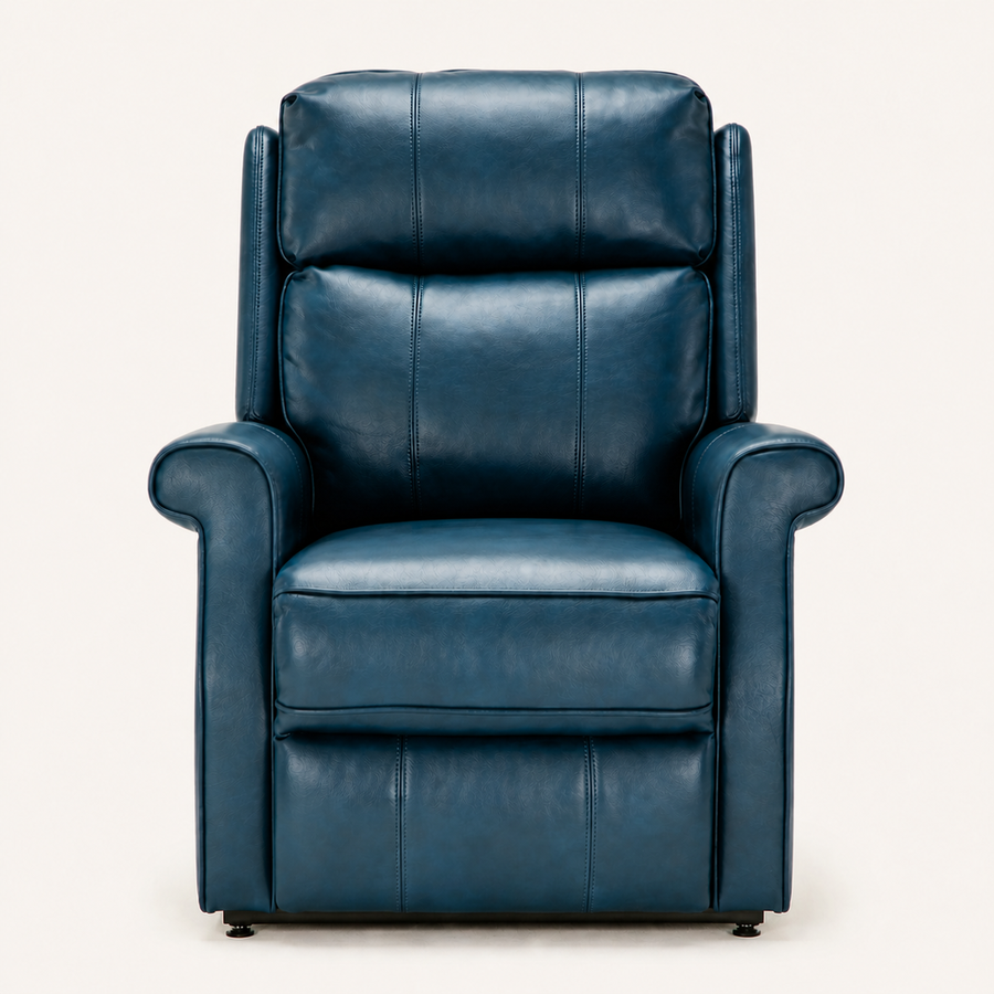 Front | Navy blue faux leather power lift recliner on an off-white studio ground