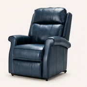 Three-quarter | Navy blue faux leather power lift recliner in a studio view