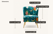 Dimensions | drawn seat 18 in high, 22 in wide, 21 in deep, back 14.5 in high, and legs 10 in high