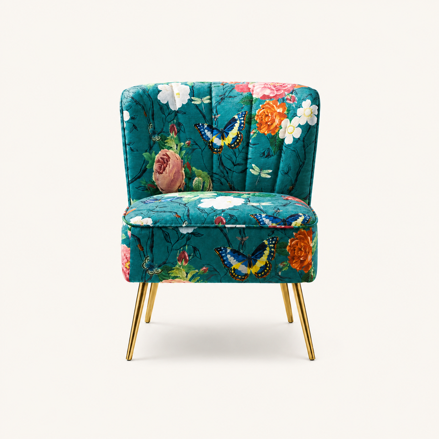 Front | teal-blue floral velvet armless slipper chair on a clean studio ground with channel-tufted back and gold legs