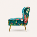 Side | clean side profile of the teal-blue floral armless slipper chair showing seat depth, curved back, and gold legs