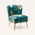 Three-quarter | teal-blue floral velvet armless slipper chair showing side depth, channel-tufted back, floral print, and gold legs