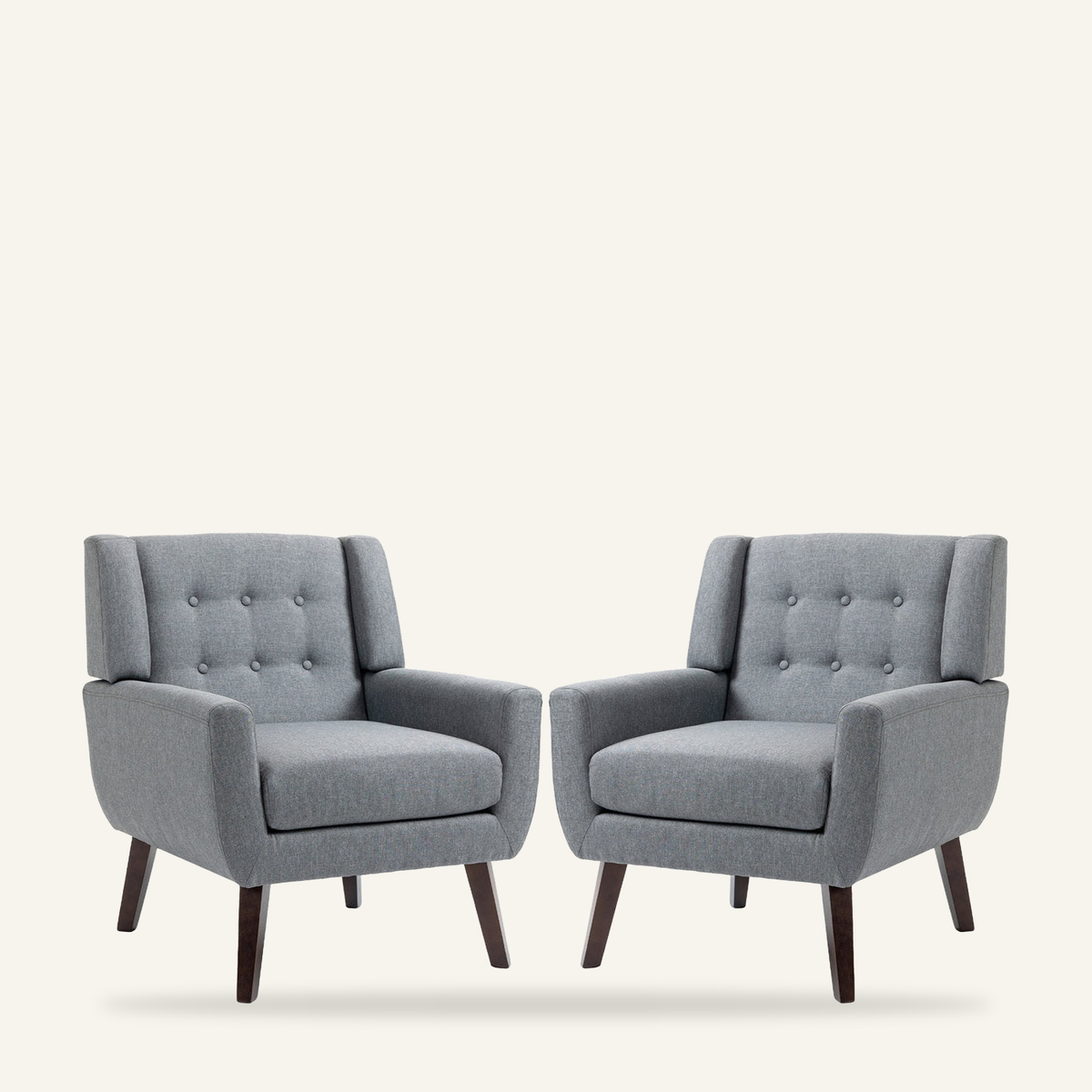 Armchairs, Set of 2, Gray Linen Blend, Dark Brown Wood Legs
