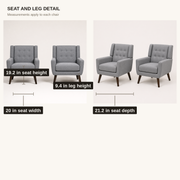 Seat dimensions | both gray armchairs shown with 19.2-inch seat height, 20-inch seat width, 21.2-inch seat depth, and 9.4-inch leg height