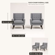 Dimensions | both gray armchairs shown with 29.1-inch width, 29.5-inch depth, and 35.4-inch height per chair